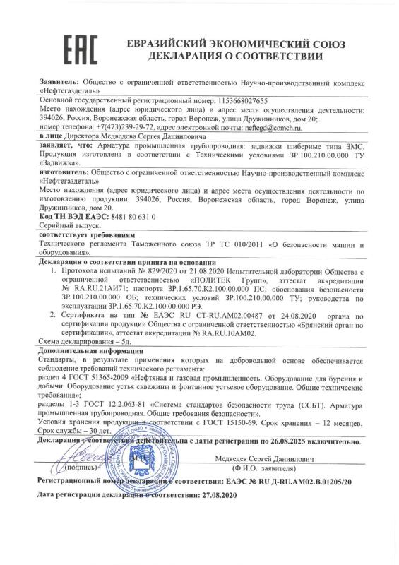 Декларация о соответствии ЕАЭС № RU Д-RU.AM02.B.01205/20