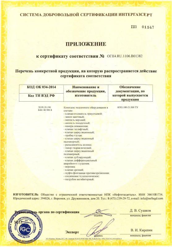 Приложение к сертификату соответствия № ОГН4.RU.1106.B01382